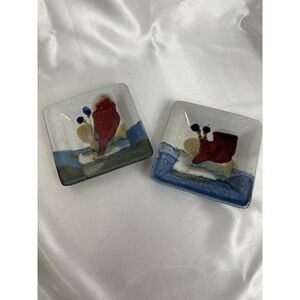 Set Of 2 Signed Chappell Snail Trinket Dishes 5" Wide Blue Gray Burgundy Glaze